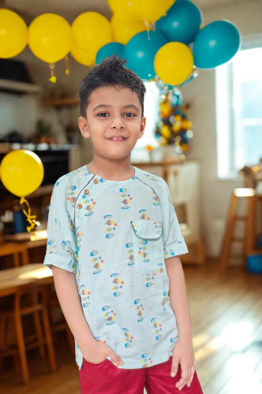 kidswear linen gender neutral panel top with 3 button closure, one pocket, digital printed fish in red, yellow, blues ages 1 to 7, Luxury kidswear India
