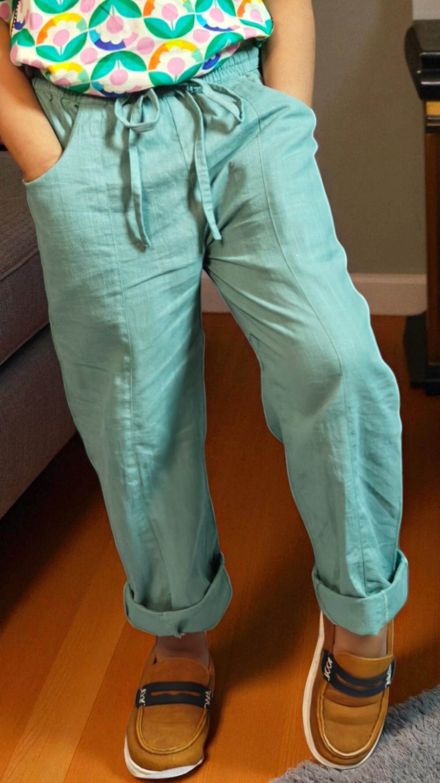 kidswear linen gender neutral sea green joggers with two pockets and elastic drawstring, ages 1 to 7, Luxury kidswear India