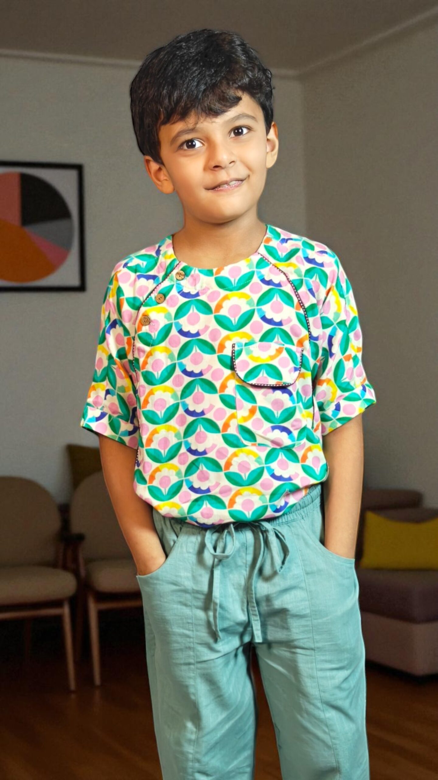 kidswear linen gender neutral panel top with 3 button closure, one pocket, digital printed pastel pink, yellow, green flowers ages 1 to 7, Luxury kidswear India