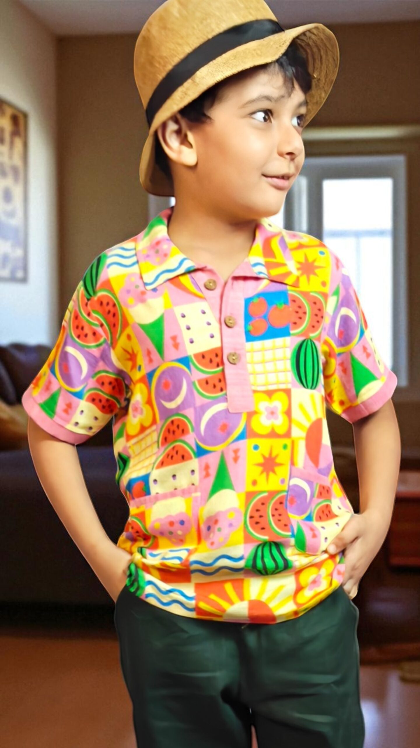 kidswear linen gender neutral half button down shirt with 3 button closure, two side pockets, digital printed pastel watermelons, ice cream, tomatoes in bright red yellow, blue green ages 1 to 7, Luxe kidswear India