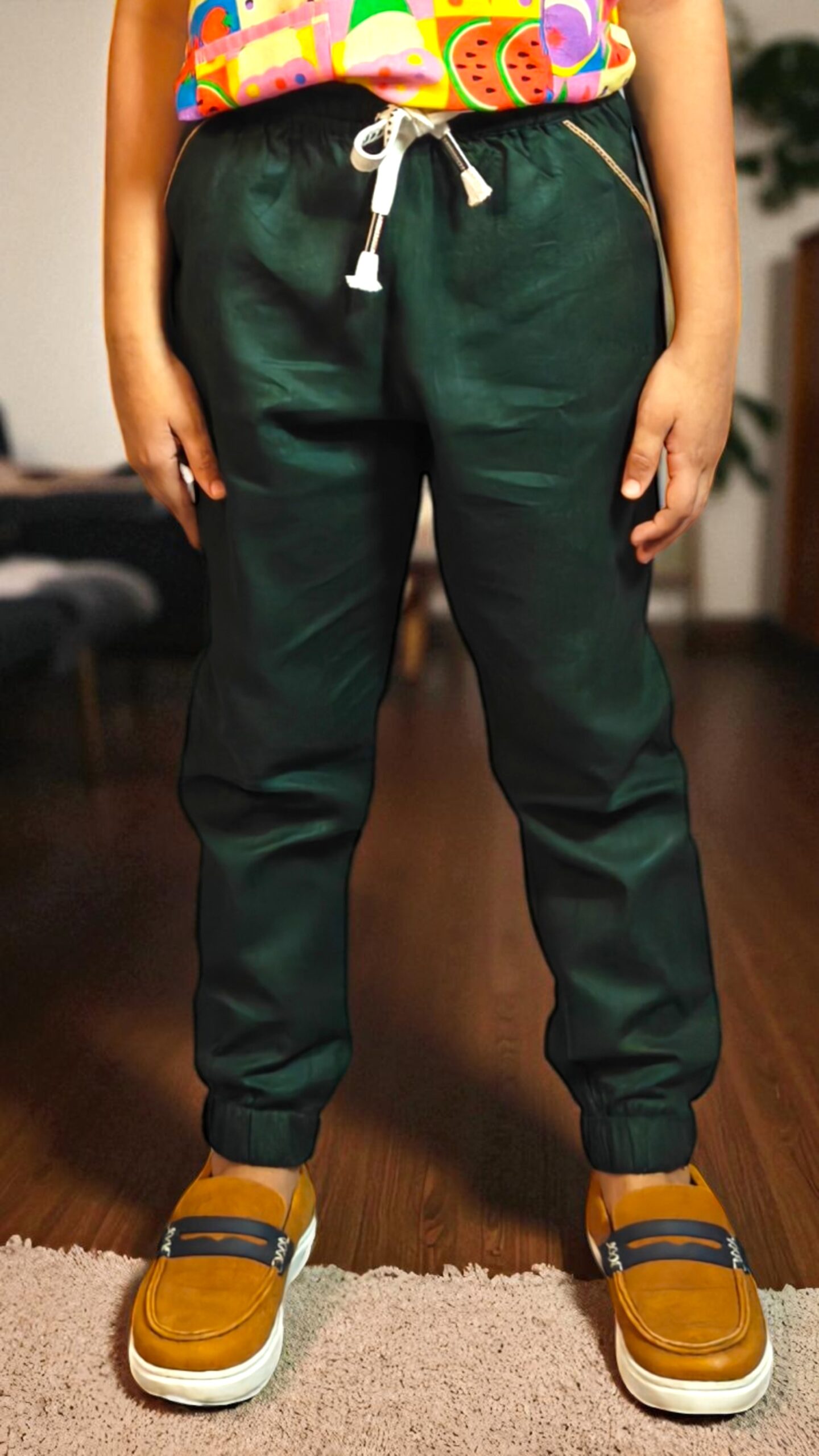 kidswear linen gender neutral Moss green colour chino pants with two pockets and elastic drawstring, ages 1 to 7, Luxury kidswear India