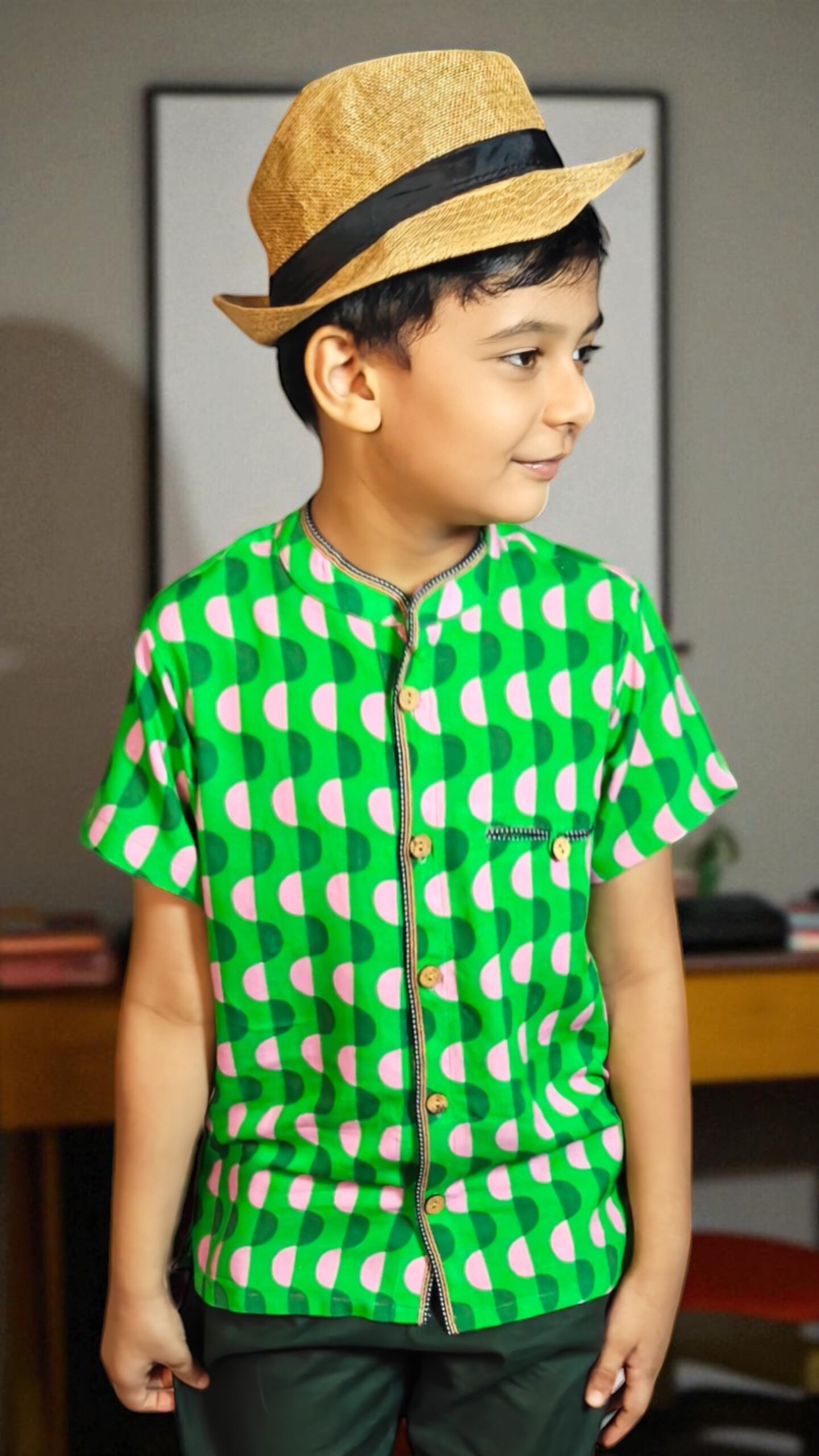 kidswear linen gender neutral button down shirt mock side pockets, digital printed abstract print in bright green and pink ages 1 to 7, Luxe kidswear India