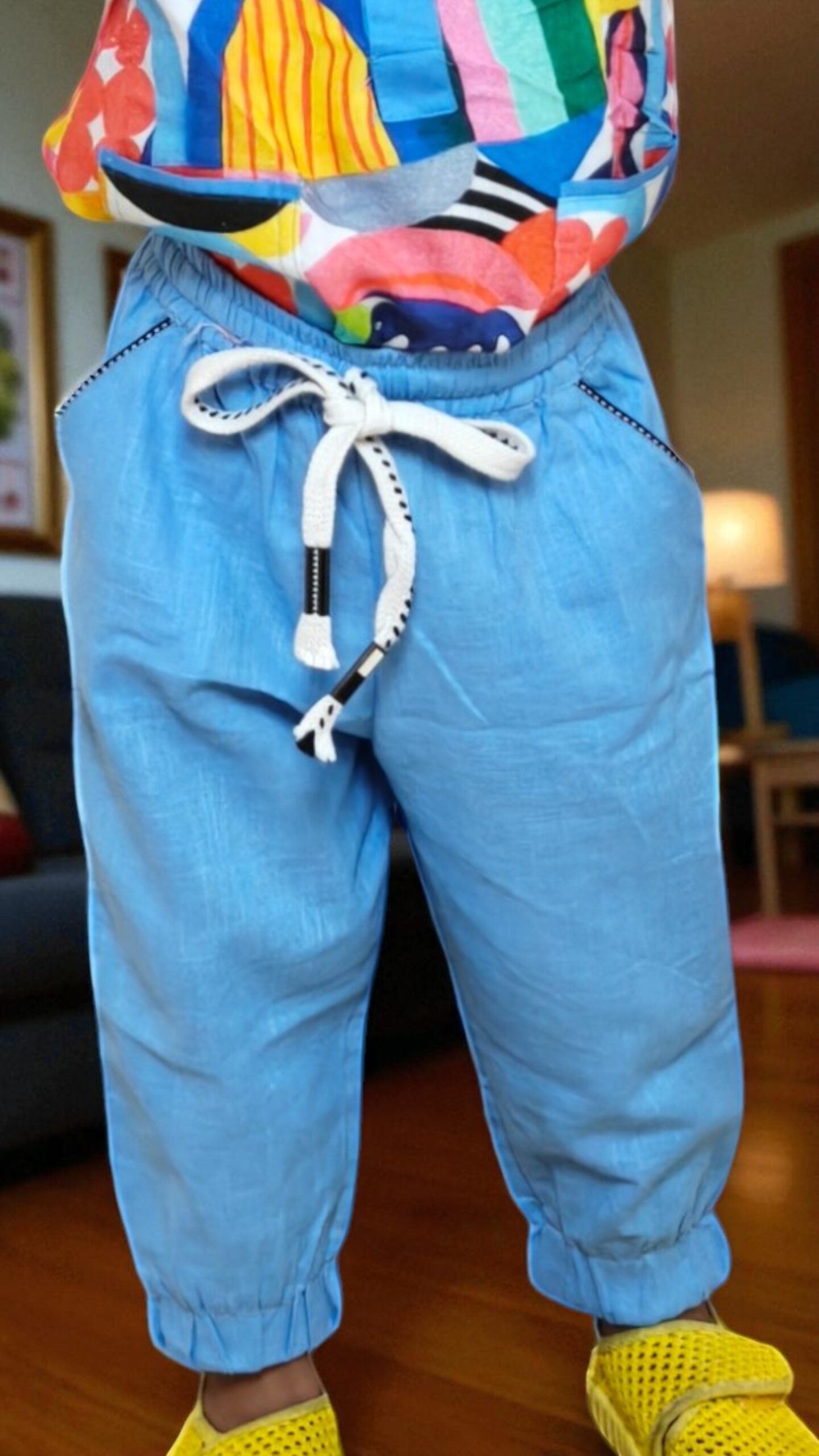kidswear linen gender neutral sky blue colour joggers with two pockets and elastic drawstring, ages 1 to 7, Luxury kidswear India