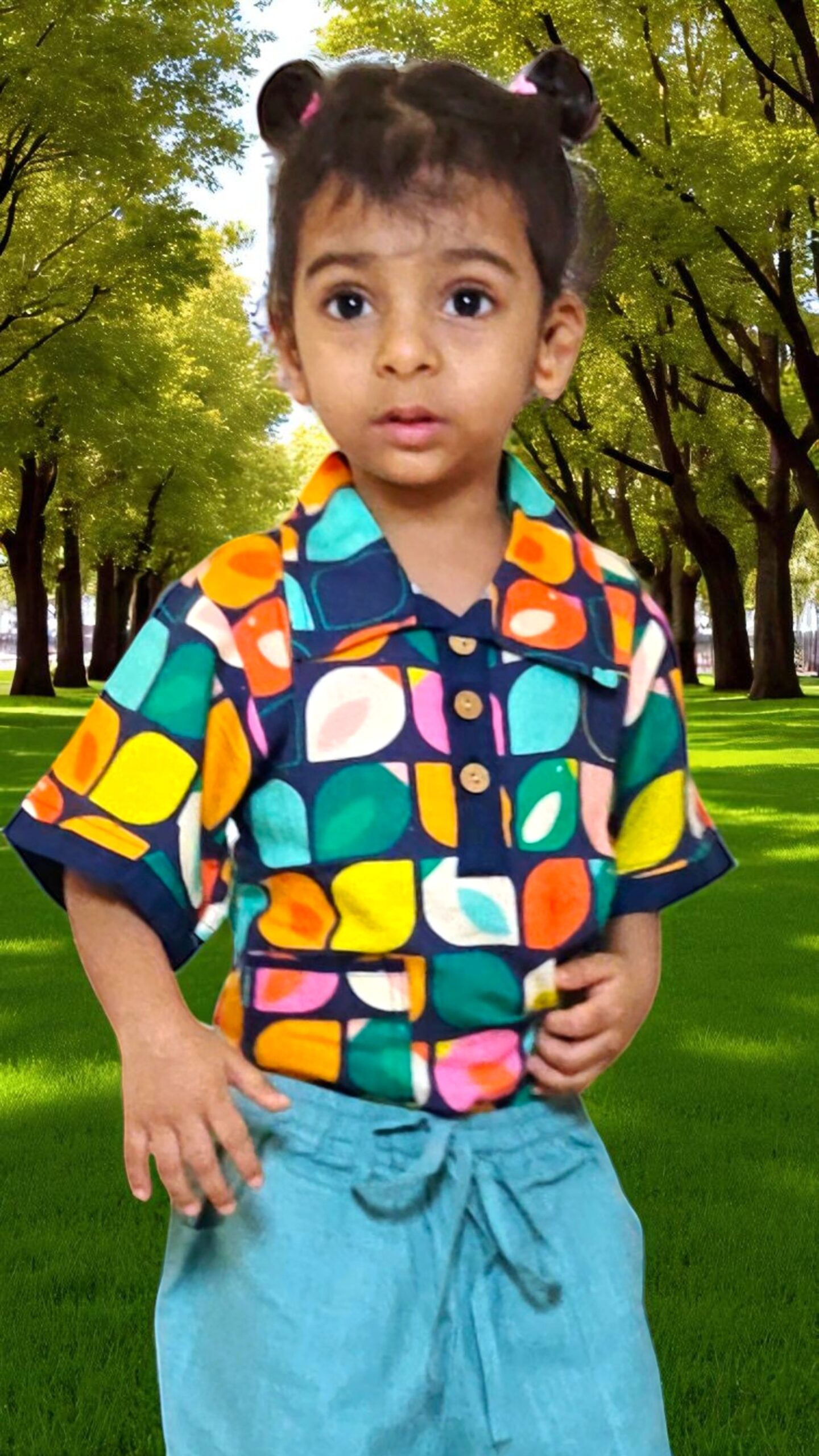 kidswear linen gender neutral half button down shirt with 3 button closure, two side pockets, digital printed leaf in bright orange, yellow, blue green ages 1 to 7, Luxe kidswear India