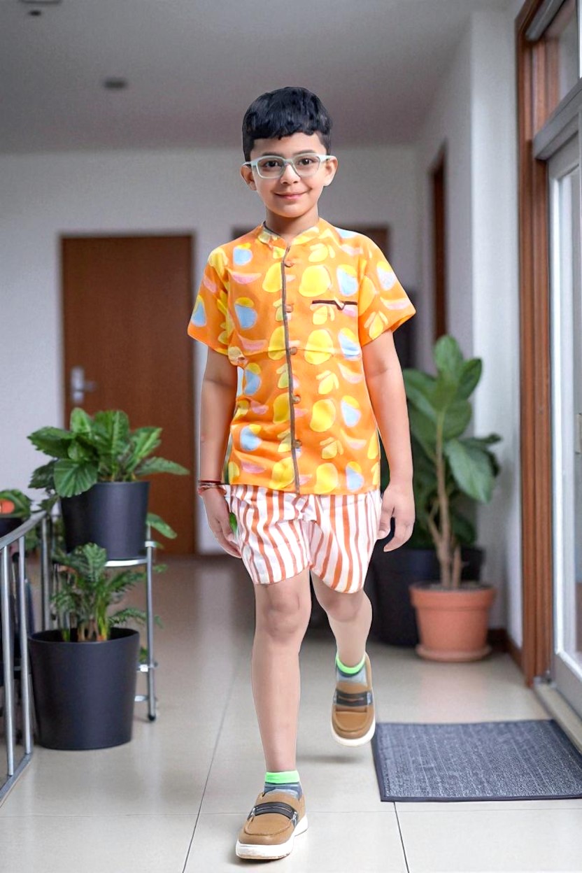 kidswear linen gender neutral co-ord set with button down shirt mock side pockets, digital printed mangoes in bright orange, yellow and blue, paired with drawstring shorts in orange stripes with two pockets, ages 1 to 7, Luxe kidswear India
