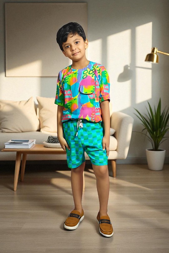 kidswear linen gender neutral co-ord set with panel top with one pockets, digital printed abstract motif in bright neon pink, green, blue, yellow and paired with drawstring shorts in blue and green checks with two pockets, ages 1 to 7, Luxury kidswear India