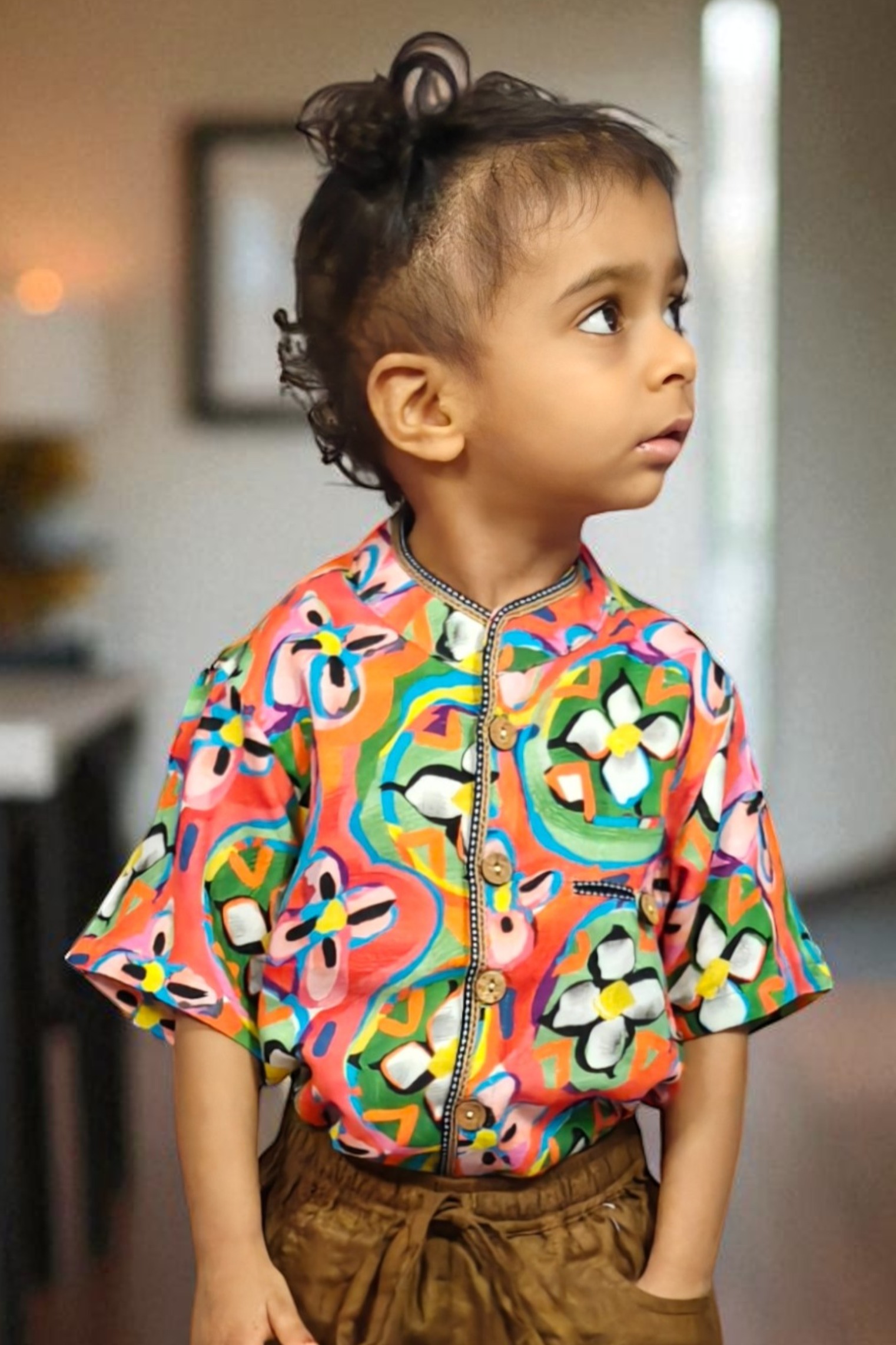 kidswear linen gender neutral button down shirt mock side pockets, digital printed modern flower print in bright pink, yellow, green and pink ages 1 to 7, Luxe kidswear India