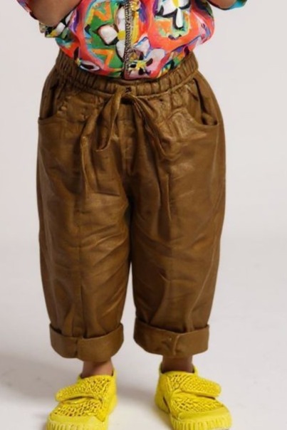 kidswear linen gender neutral cocoa colour chino pants with two pockets and elastic drawstring, ages 1 to 7, Luxury kidswear India