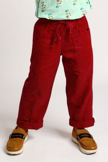 kidswear linen gender neutral cranberry red chino pants with two pockets and elastic drawstring, ages 1 to 7, Luxury kidswear India