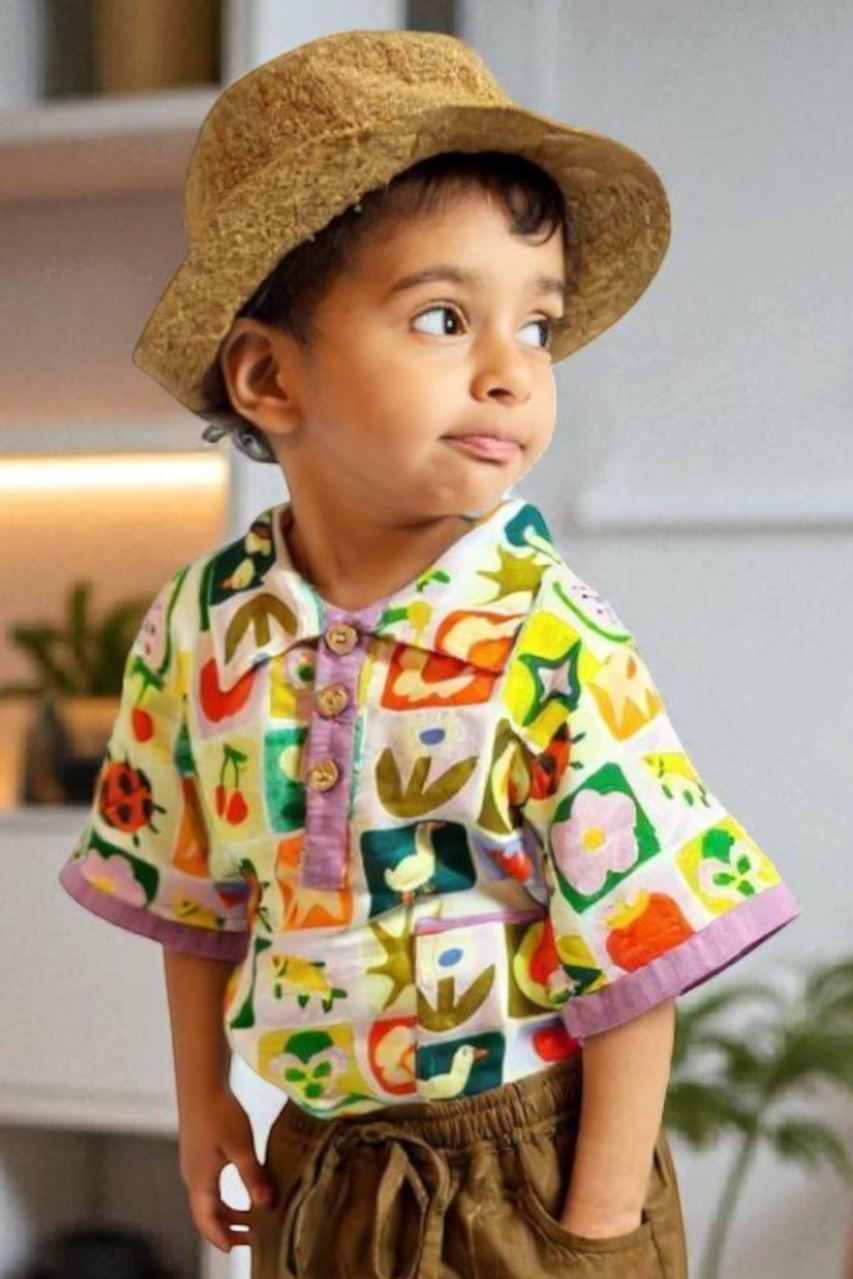 kidswear linen gender neutral half button down shirt with 3 button closure, two side pockets, digital printed pastel flowers and critters pink, red yellow, green ages 1 to 7, Luxury kidswear India