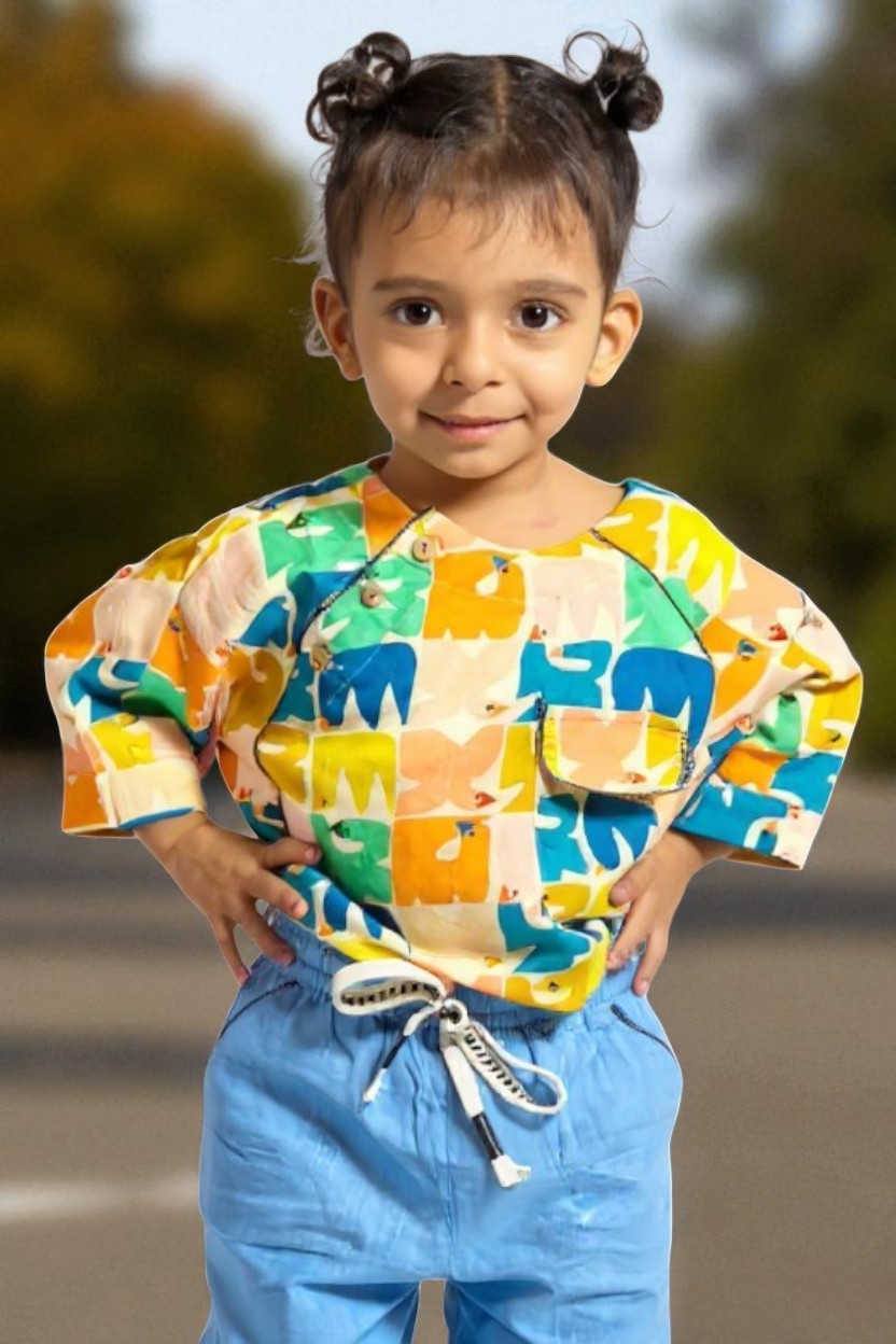 kidswear linen gender neutral panel top with 3 button closure, one pocket, digital printed pastel blue, orange, yellow, birds in a geometric jigsaw pattern ages 1 to 7, Luxury kidswear India