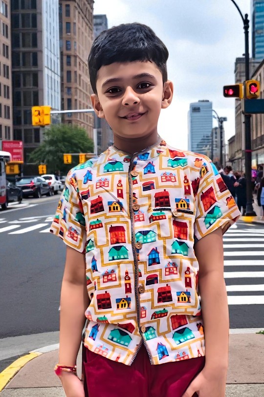 kidswear linen gender neutral button down shirt mock side pockets, digital printed house and street print in bright red, green and pink ages 1 to 7, Luxe kidswear India